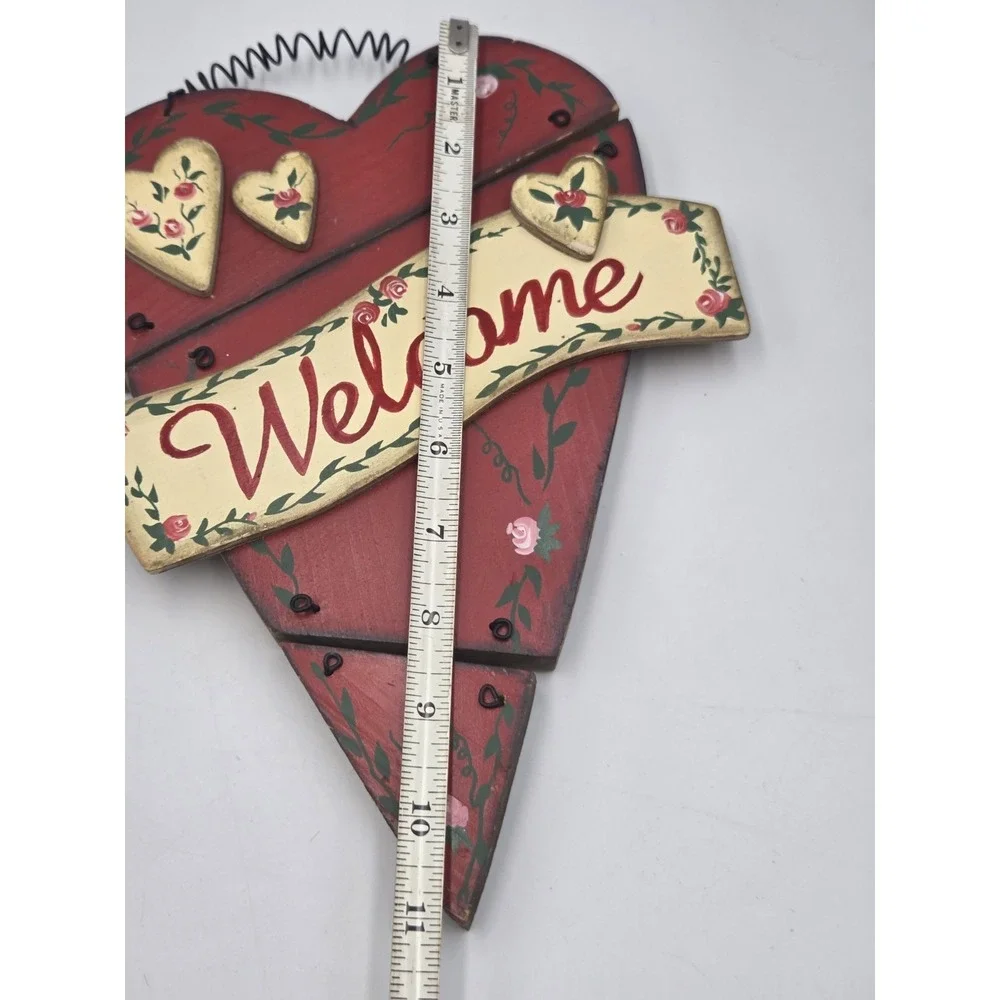 Wooden Heart Shaped WELCOME Sign w/Pink Roses  Cottagecore Country Folk Art